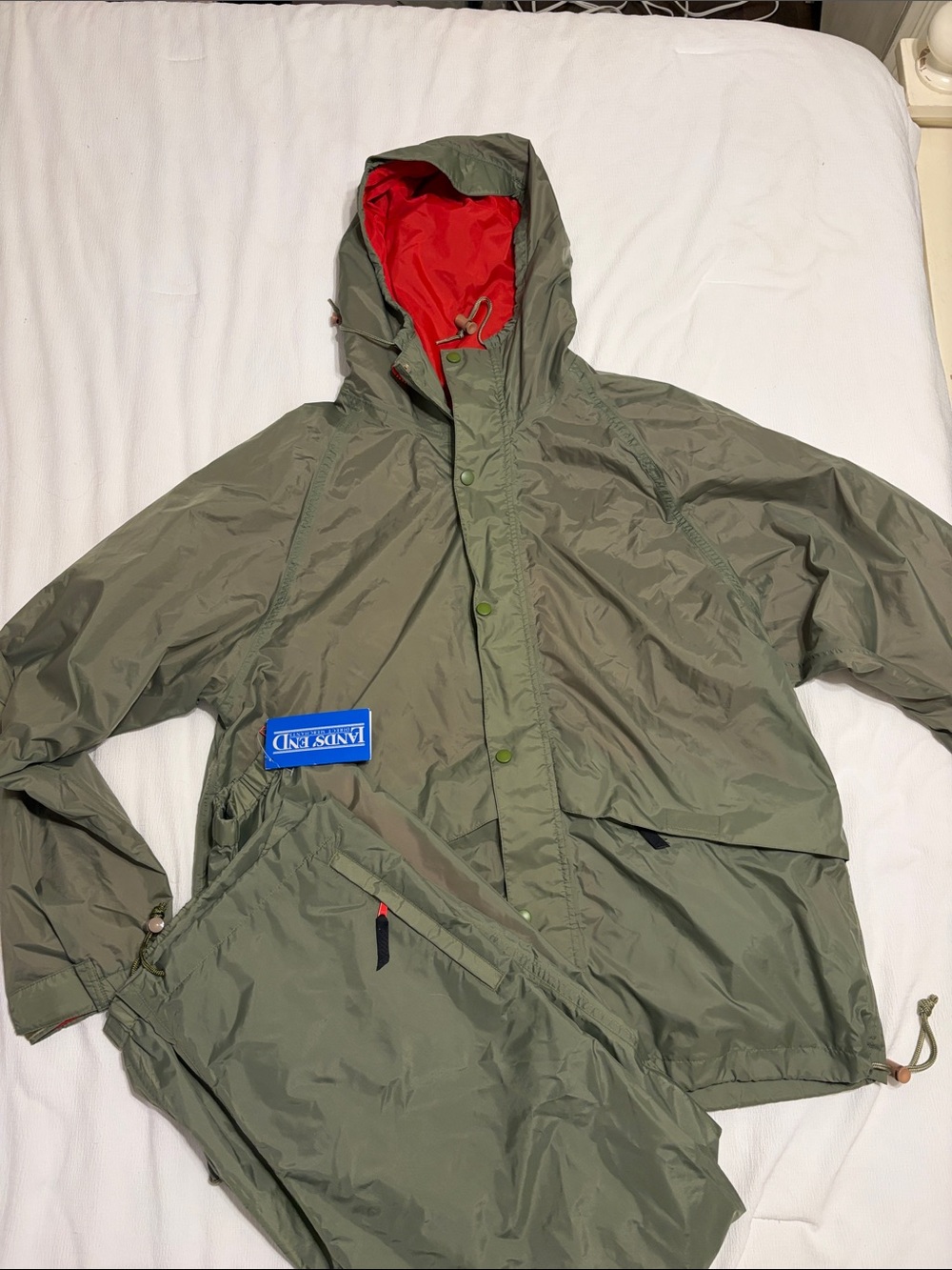 Lands' End Olive Green Hooded rain suit with Red Lining